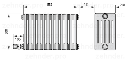 Схема (чертеж) Радиатор Zehnder Charleston 6050/12 №V004 Белый глянцевый RAL 9016